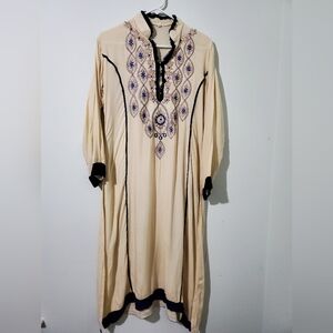 Womens Large Embroidered Kaftan Tunic Dress Cream Navy Boho Resort Midi